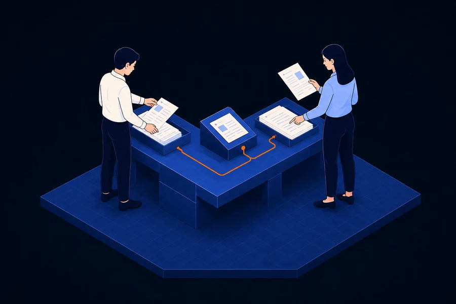 A person reviews the work of an AI processing system