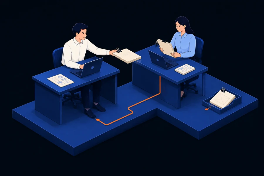 People coordinate a handoff between connected work systems